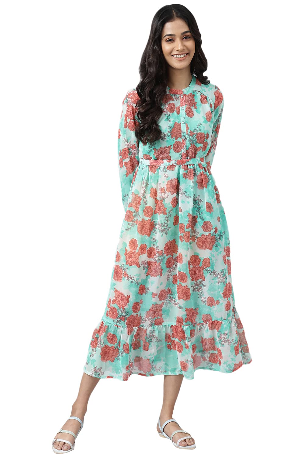 Green Bold Floral Print Flared Dress