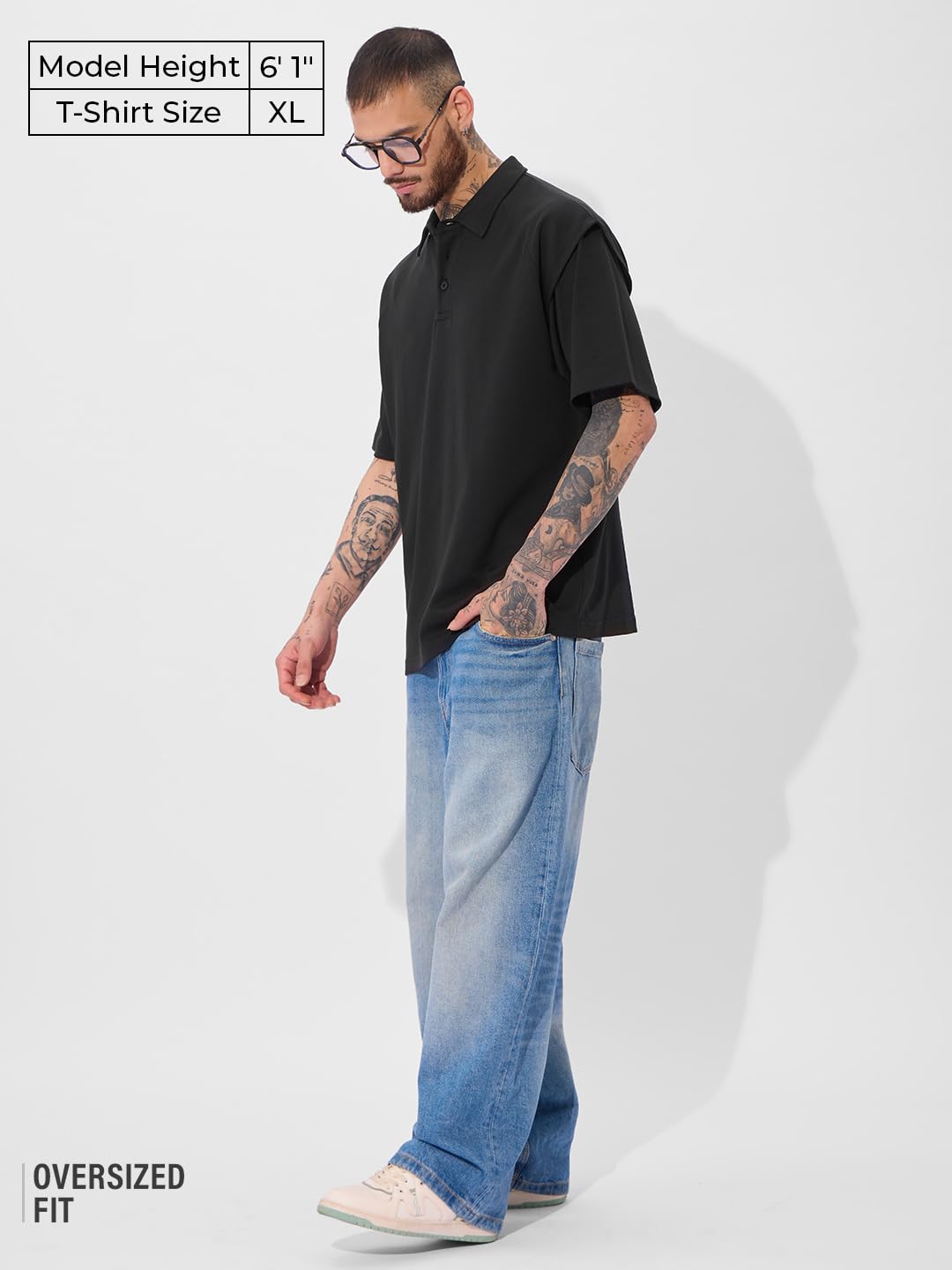The Souled Store Korean Polo: Black Men and Boys Short Sleeves Collared Neck Cotton Blend Oversized Polos