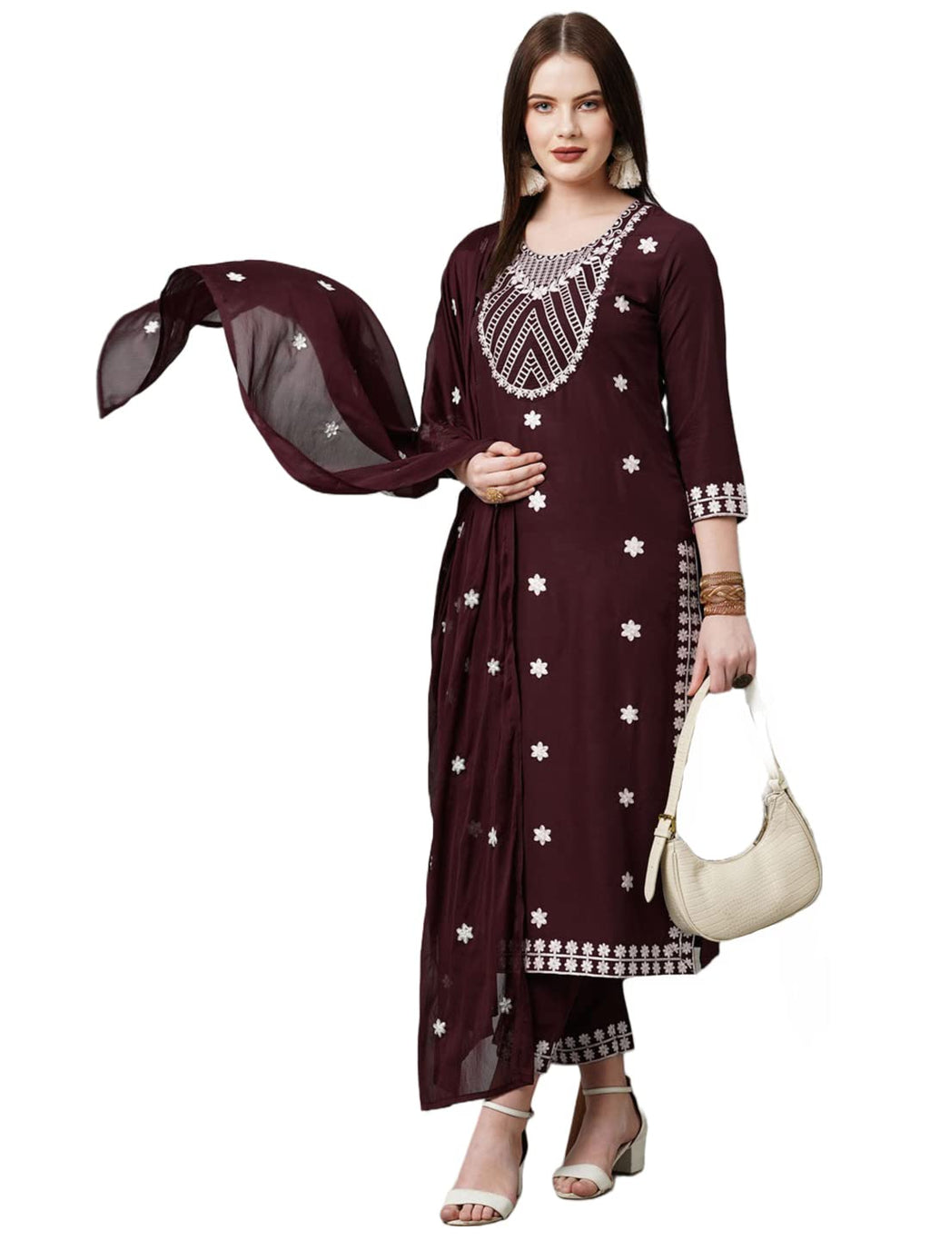 ANNI DESIGNER Womens Cotton Blend Embroidered Straight Kurta with Pant & with Dupatta (Dalfuna Wine_S_Wine_Small)