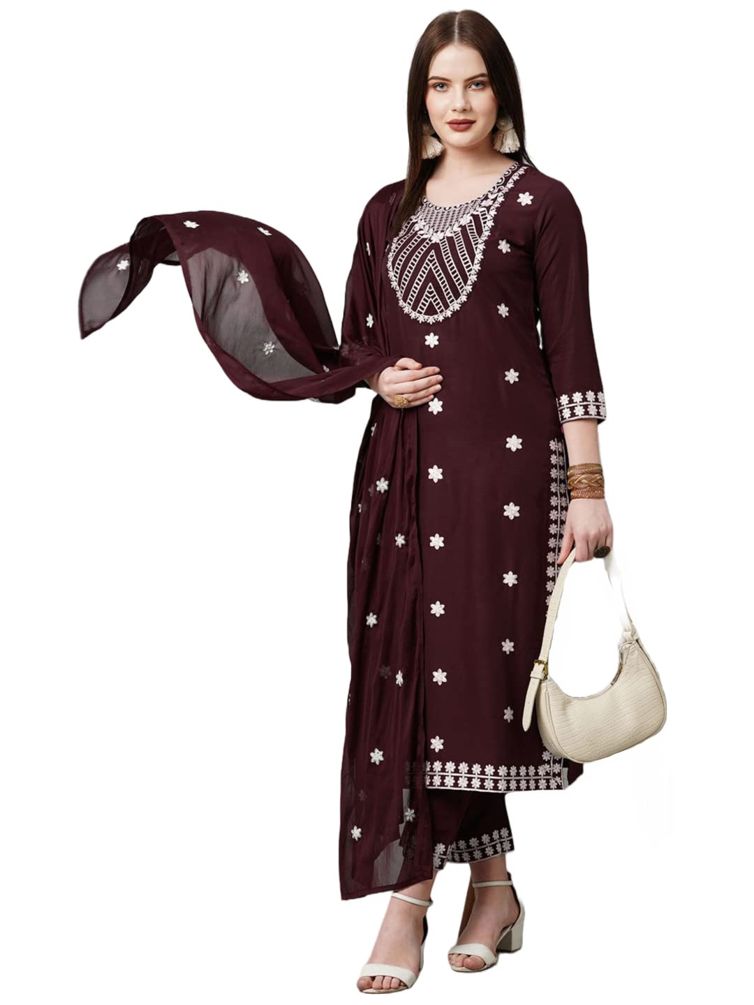ANNI DESIGNER Womens Cotton Blend Embroidered Straight Kurta with Pant & with Dupatta (Dalfuna Wine_S_Wine_Small)