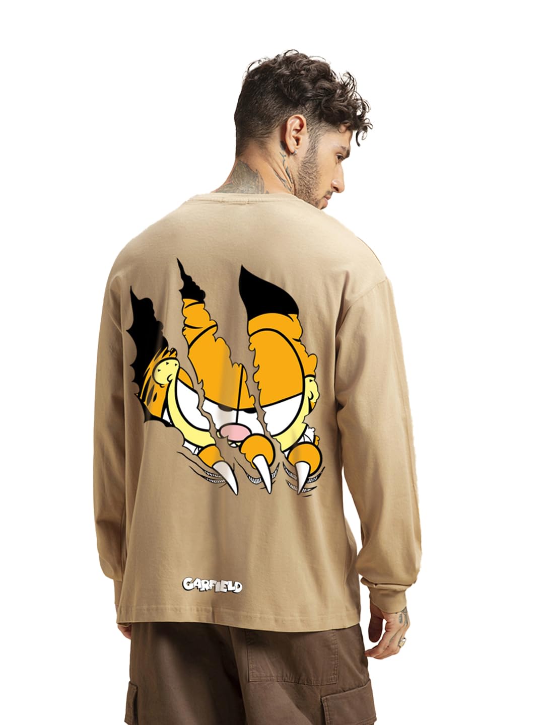 Bewakoof Mens Cotton Official Garfield Merchandise Graphic Print Oversized Fit T-Shirt_625587_Brown_XL