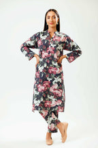 Gufrina Women'S Black Floral Printed Long Kurta Set With Straight Pants - Full Sleeve V-Neck Rayon Casual Wear