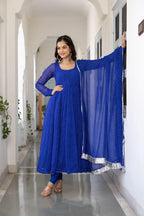 Modestouze Attires WomenS Georgette Anarkali Kurti Pants Dupatta Sets With Floral Printed Calf Length Round Neck And Long Sleev