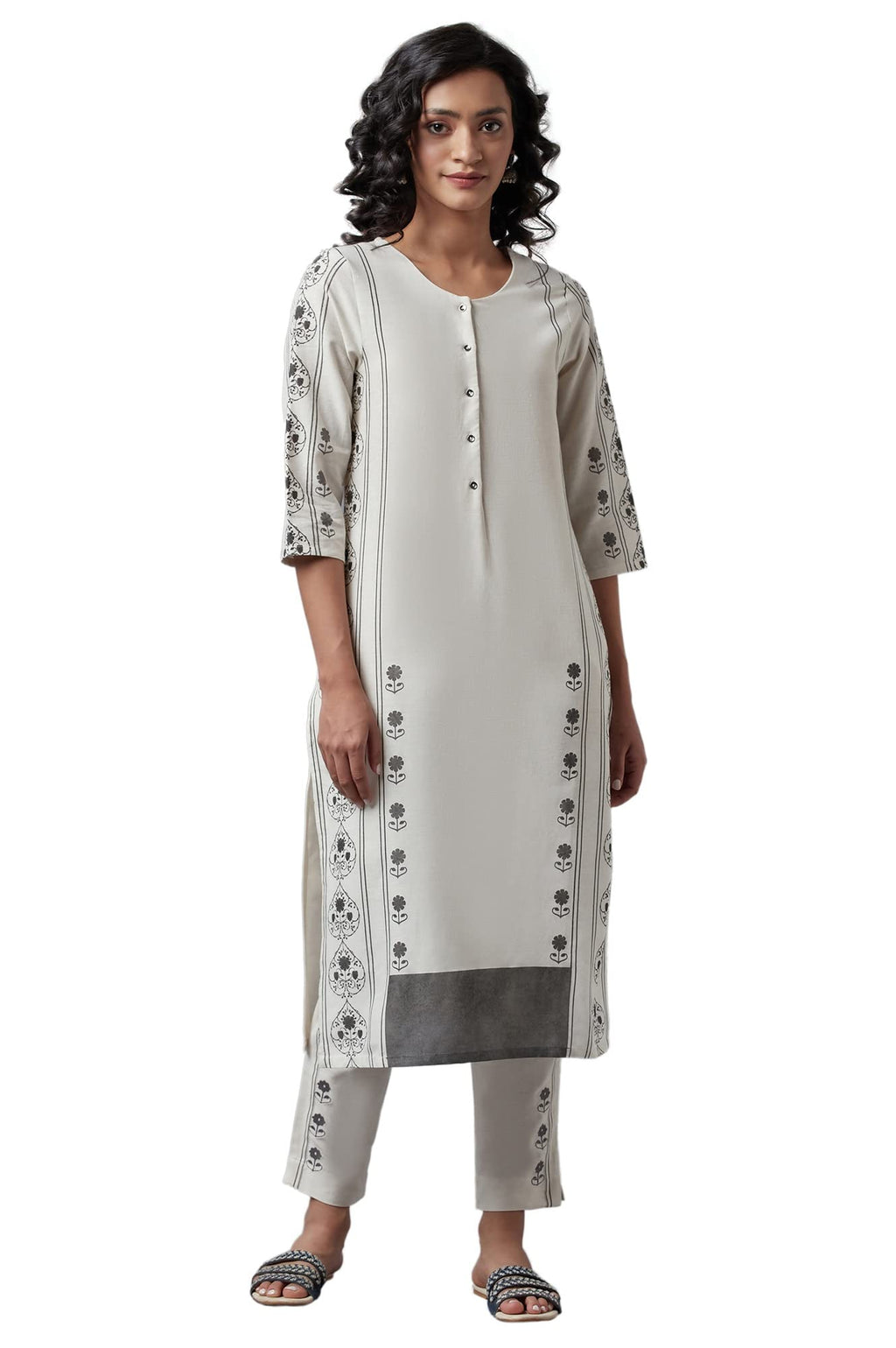 W For Woman Ecru Printed Straight Kurta_22Few17336-118115_M