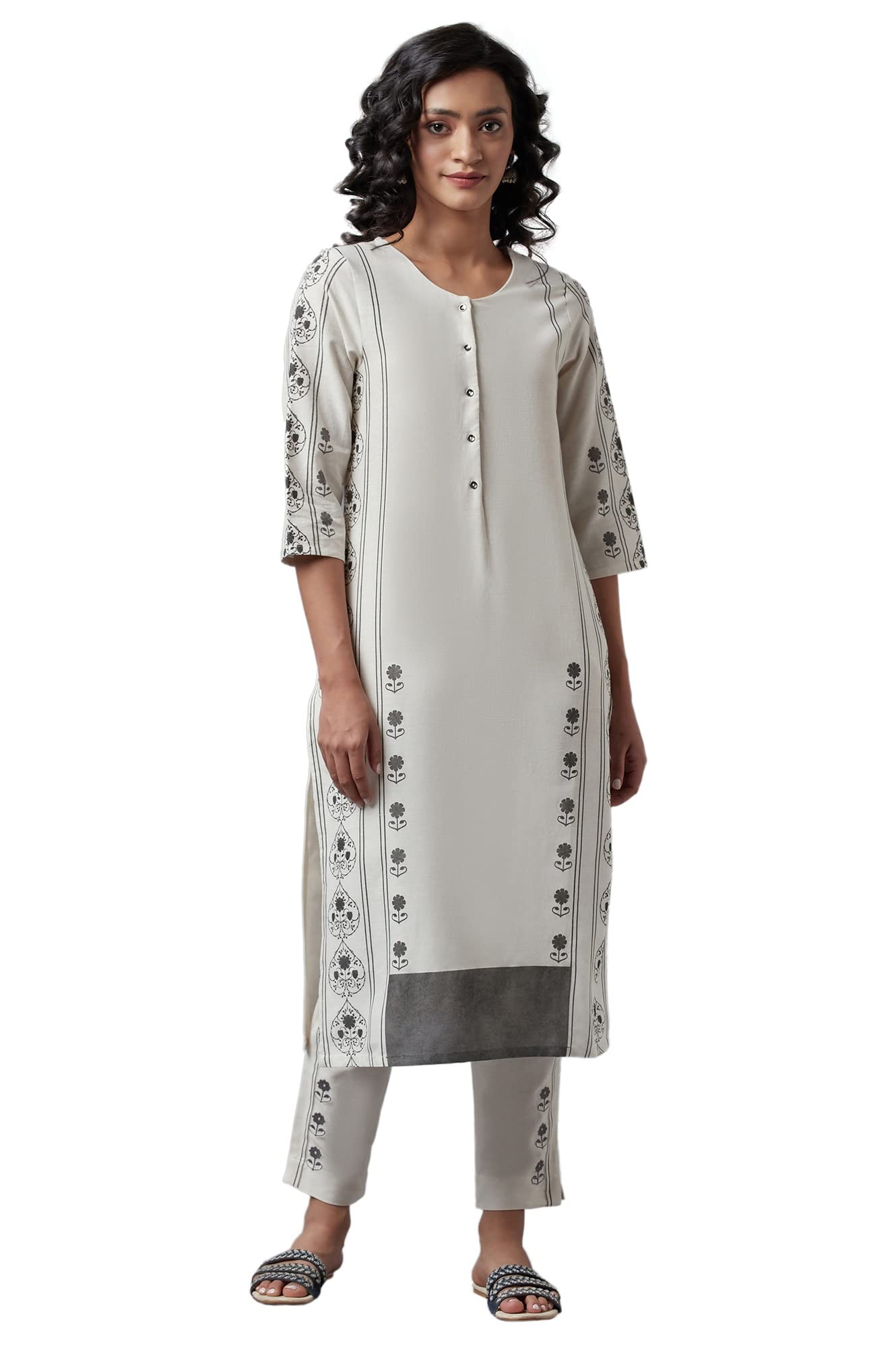 W For Woman Ecru Printed Straight Kurta_22Few17336-118115_M