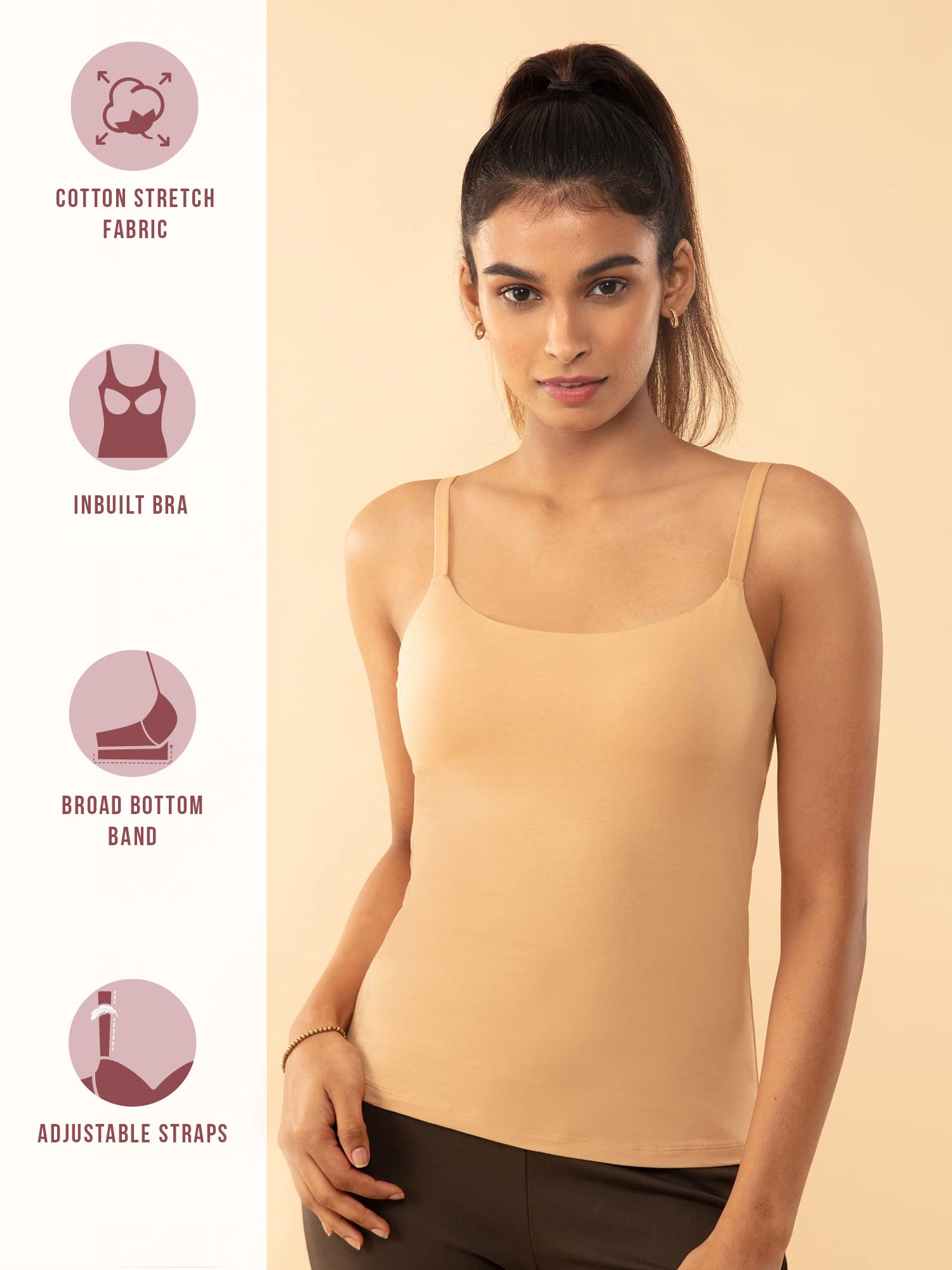Nykd Cotton Everyday Bramisole For Women - Camisole With In-Built Bra, Padded & Moulded Cups, Adjustable Straps Bramisole, Nyc00