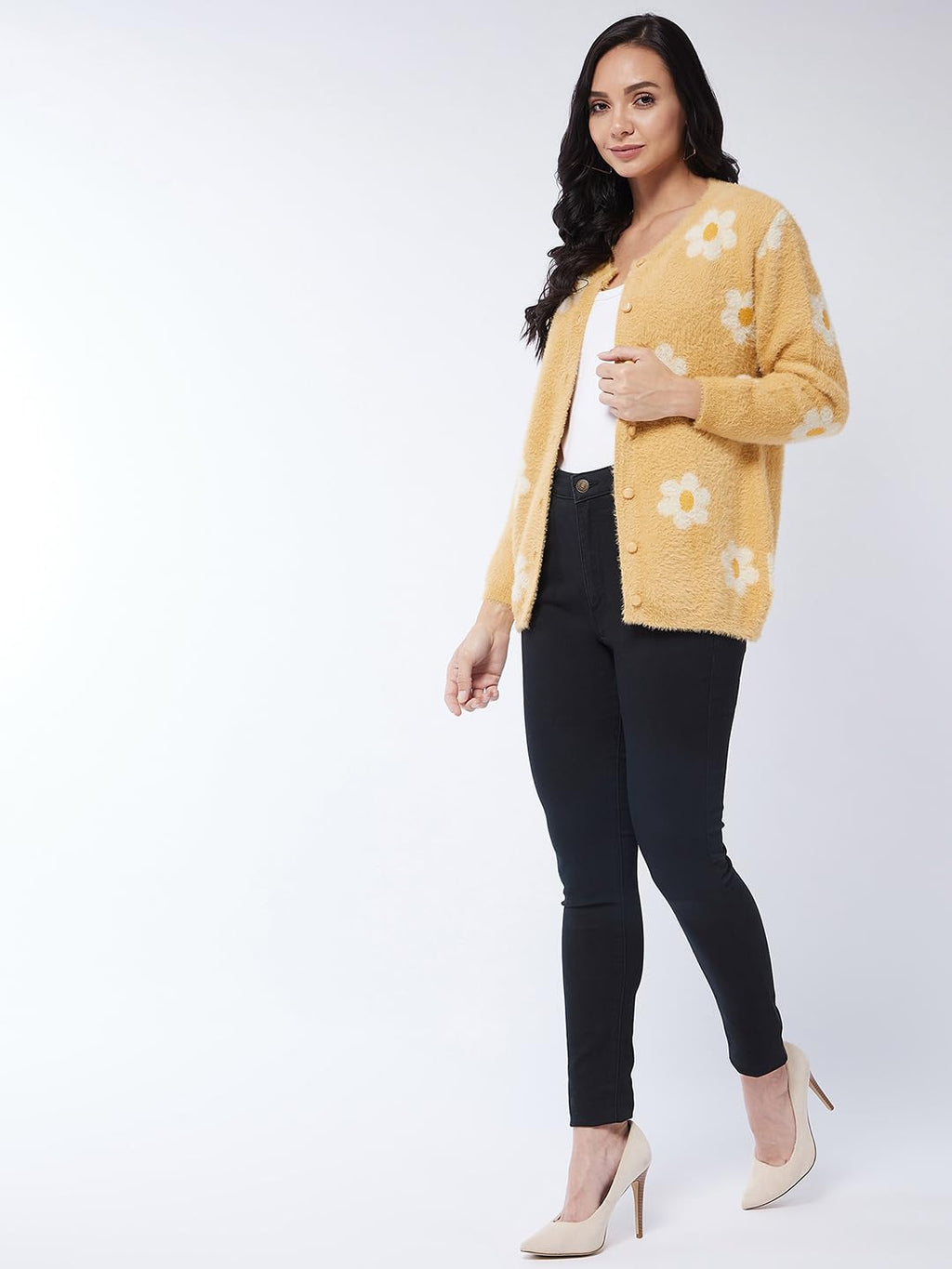 Modeve Floral Print Round Neck Casual Women Yellow Sweater||Winterwear||