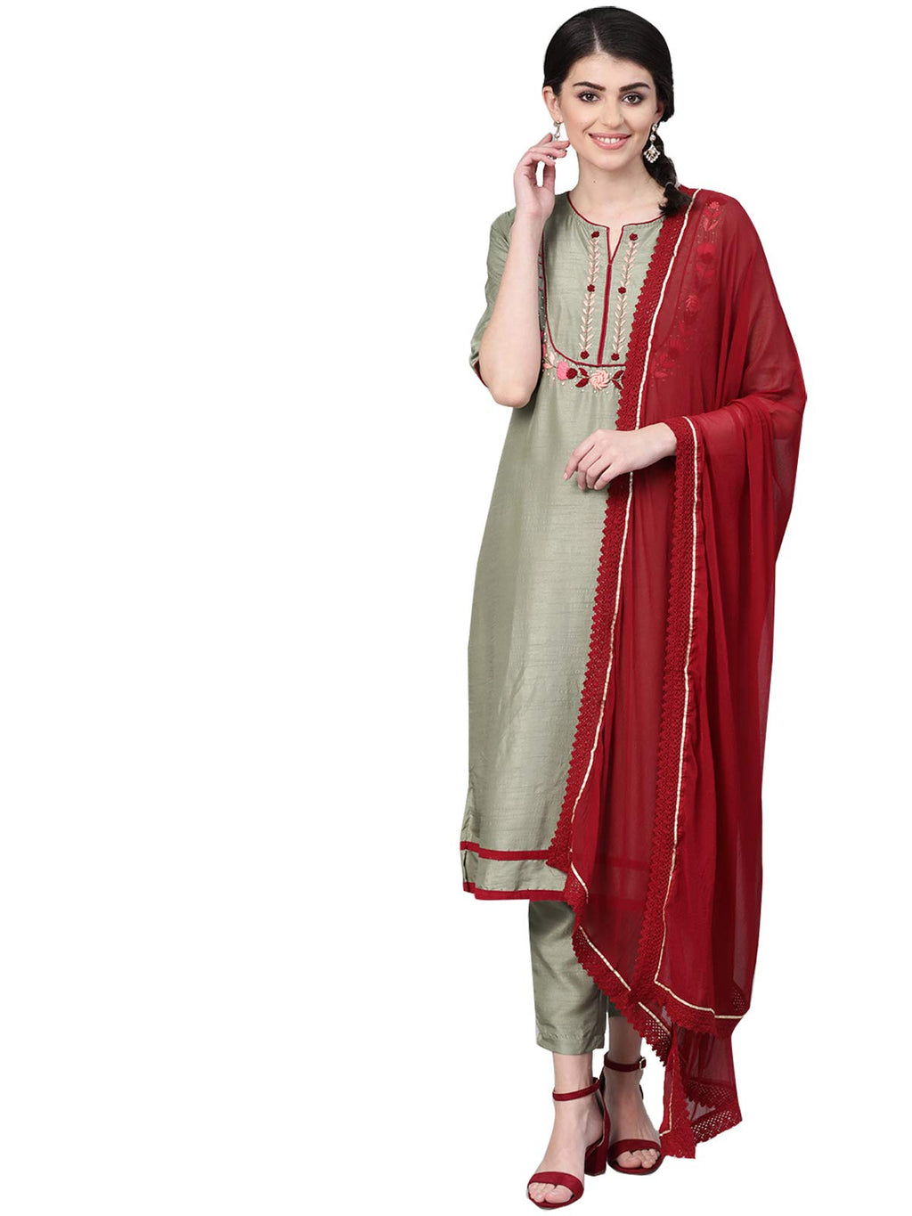 Ishin Women'S Silk Blend Green Embroidered A-Line Kurta Set With Trouser And Dupatta