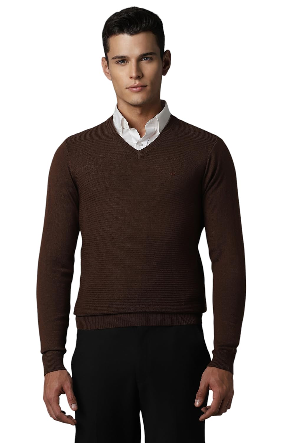 Louis Philippe Men Brown Stripe V Neck Full Sleeves Sweater