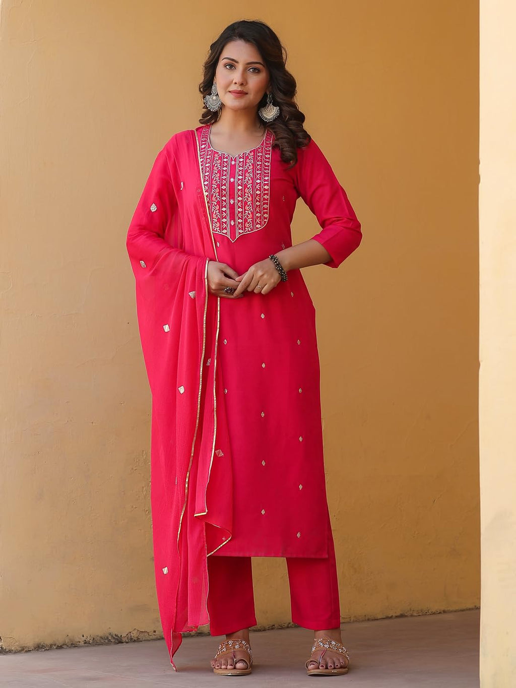 ANNI DESIGNER Women s Kurta Rayon Blend Pants with Dupatta, Pink, XL