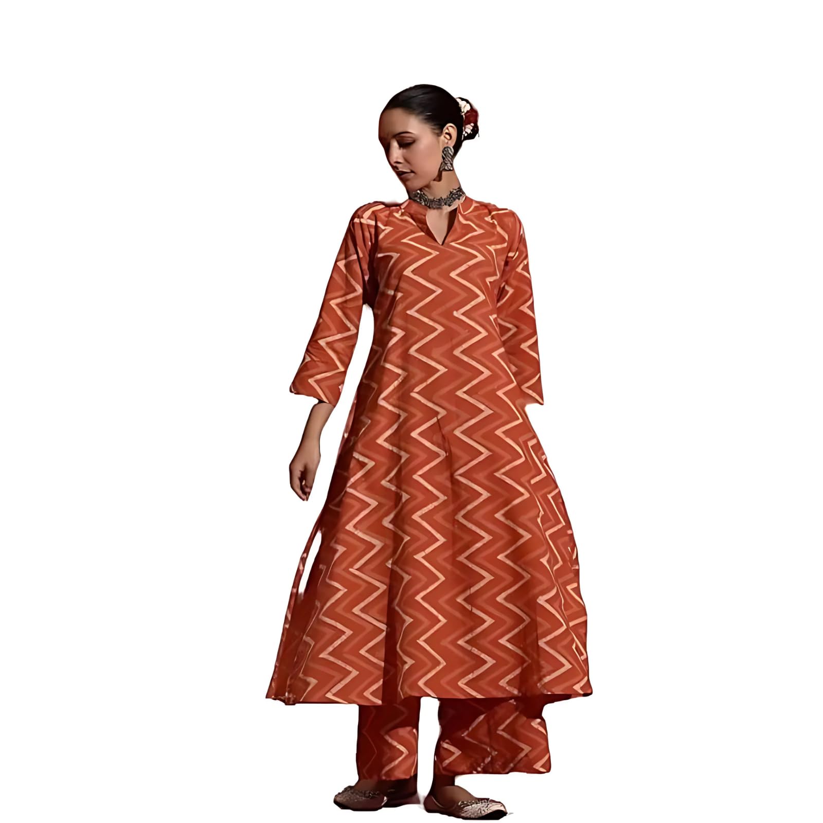 Modestouze Attires WomenS Geometric Printed Calf Length Flared V Neck Rayon Kurta And Pant Set (Red)
