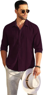 Deelmo MenS Button Down Dress Shirts Textured Long Sleeve Casual Hawaiian Beach Shirt Purple