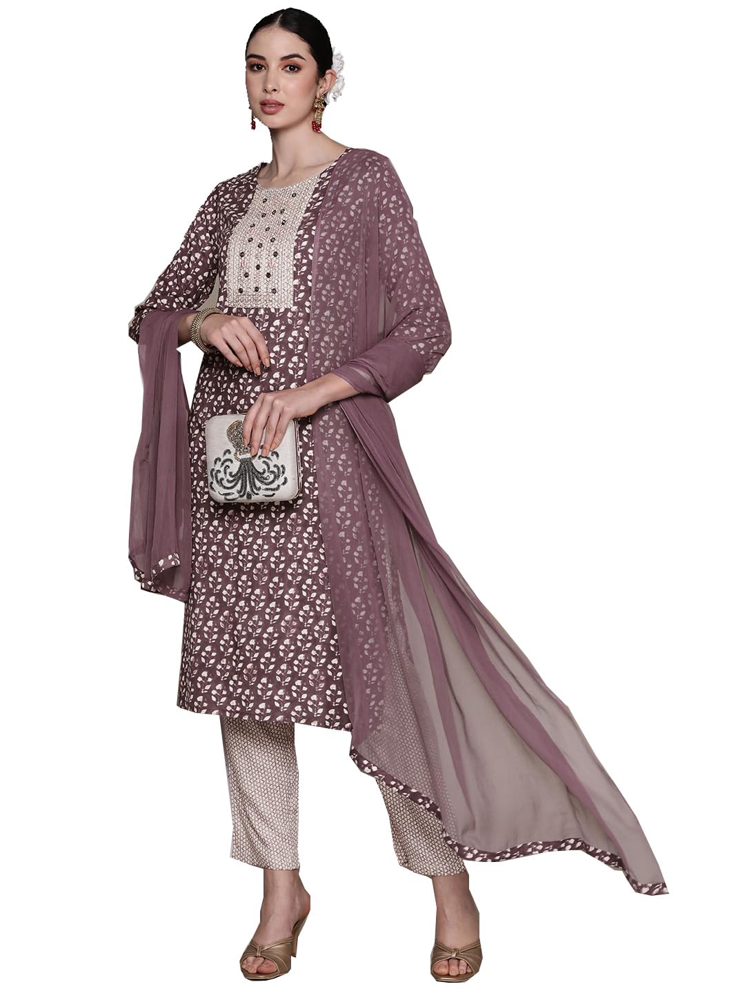 Anubhutee Women'S Viscose Rayon Printed Mauve Straight Kurta Suit Set With Pants