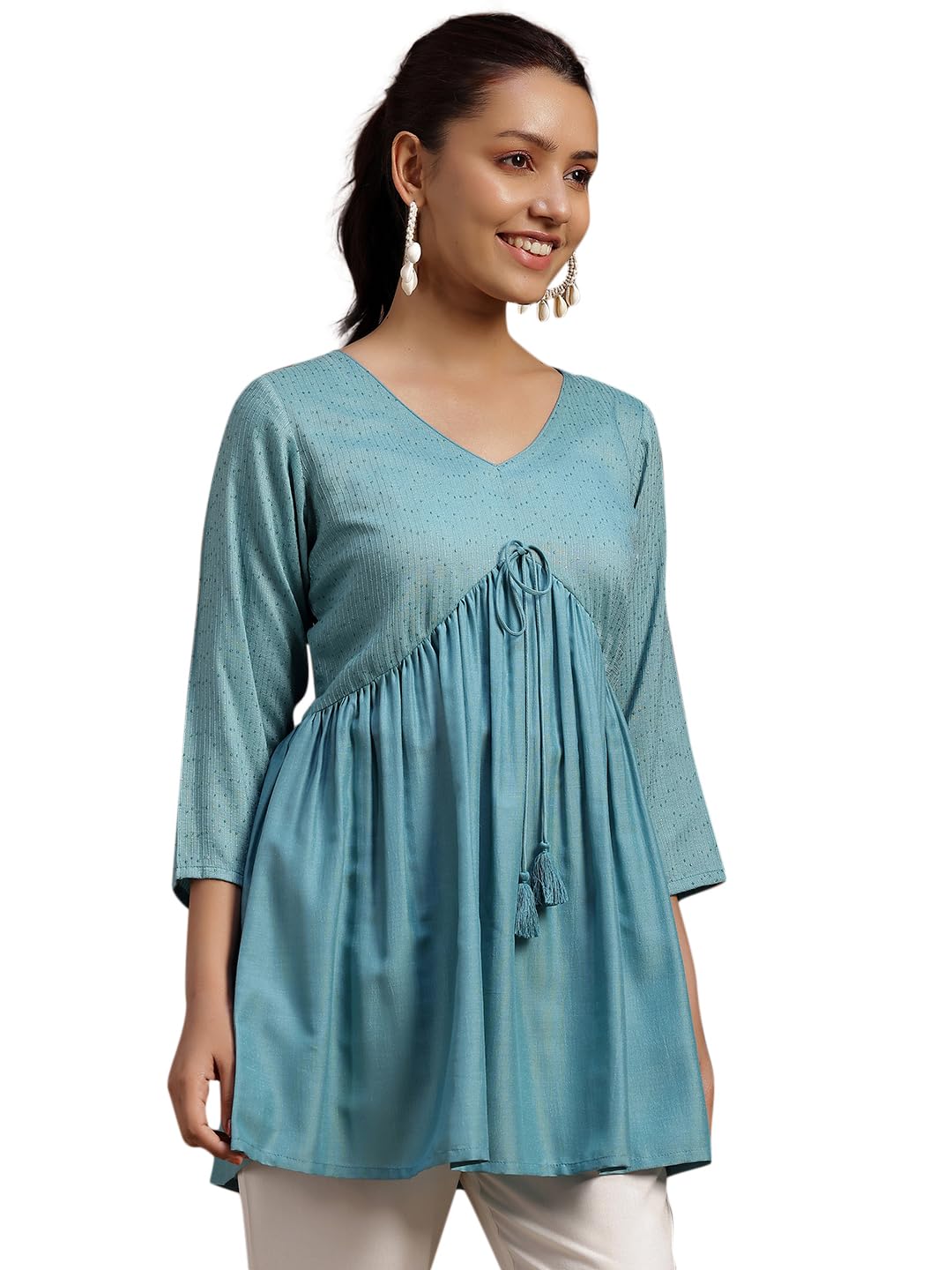 Libas Womens Self Design Silk Blend A-Line Kurti For Women Sea Green