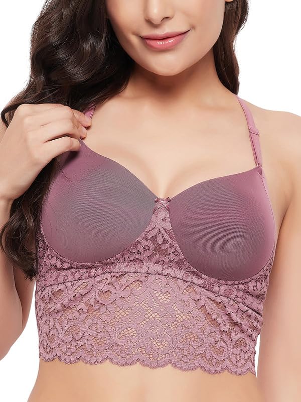 Clovia Lace Solid Padded Full Cup Wire Free Bralette Bra (BR2274R12_Purple_34D)