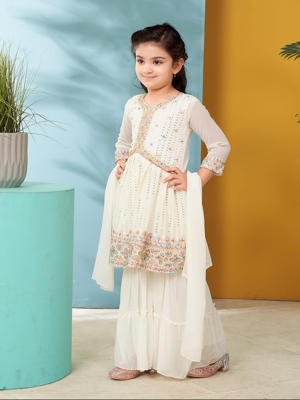 Aarika Girls Polyester Kurti Sharara Set (SH-18032_Cream