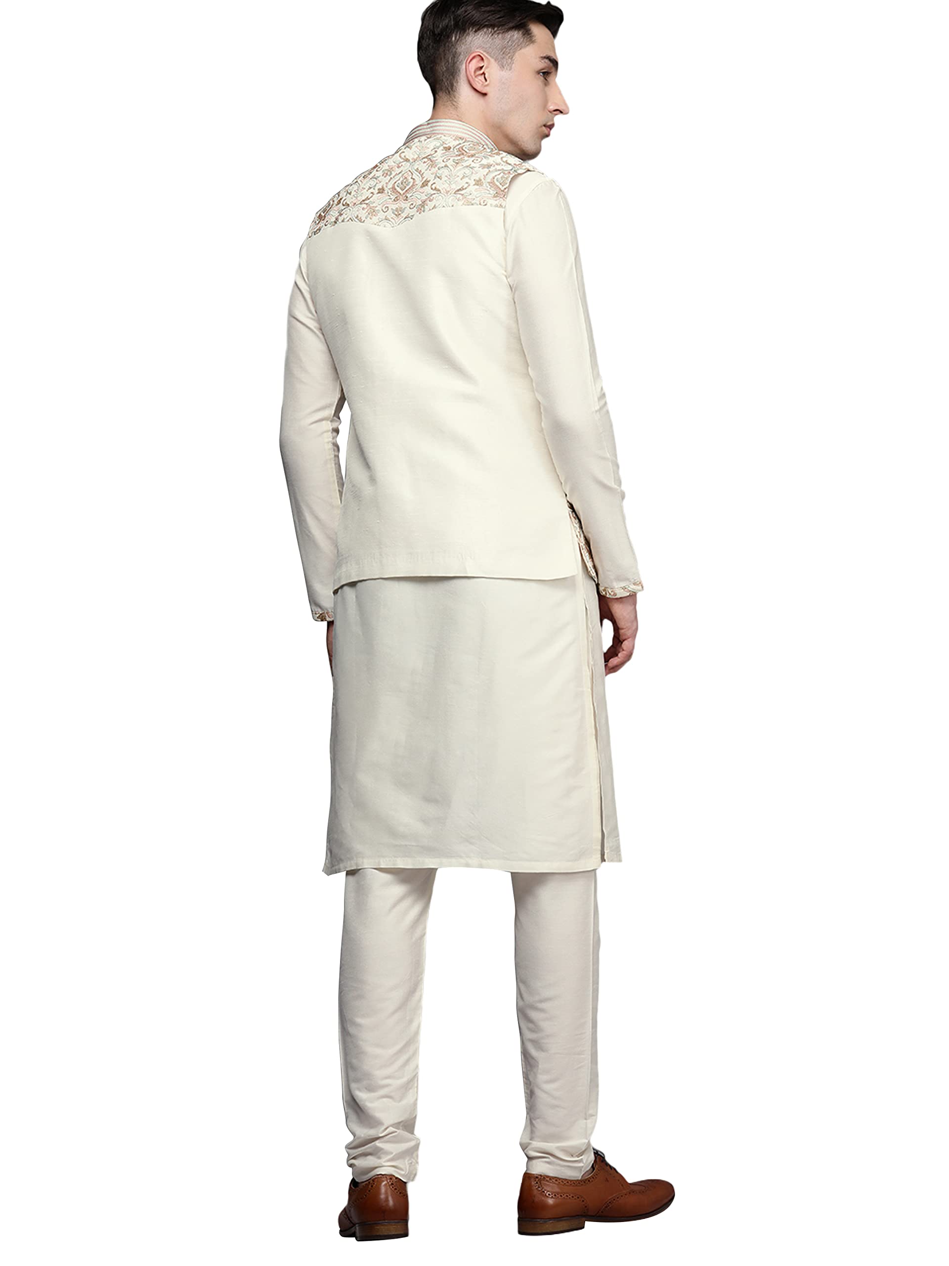 Manyavar Kurta Jacket Set For Men, Full Sleeves Mandarin Collar Ethnic Kurta Jacket Set For Festival, Wedding, Party Blended Vis