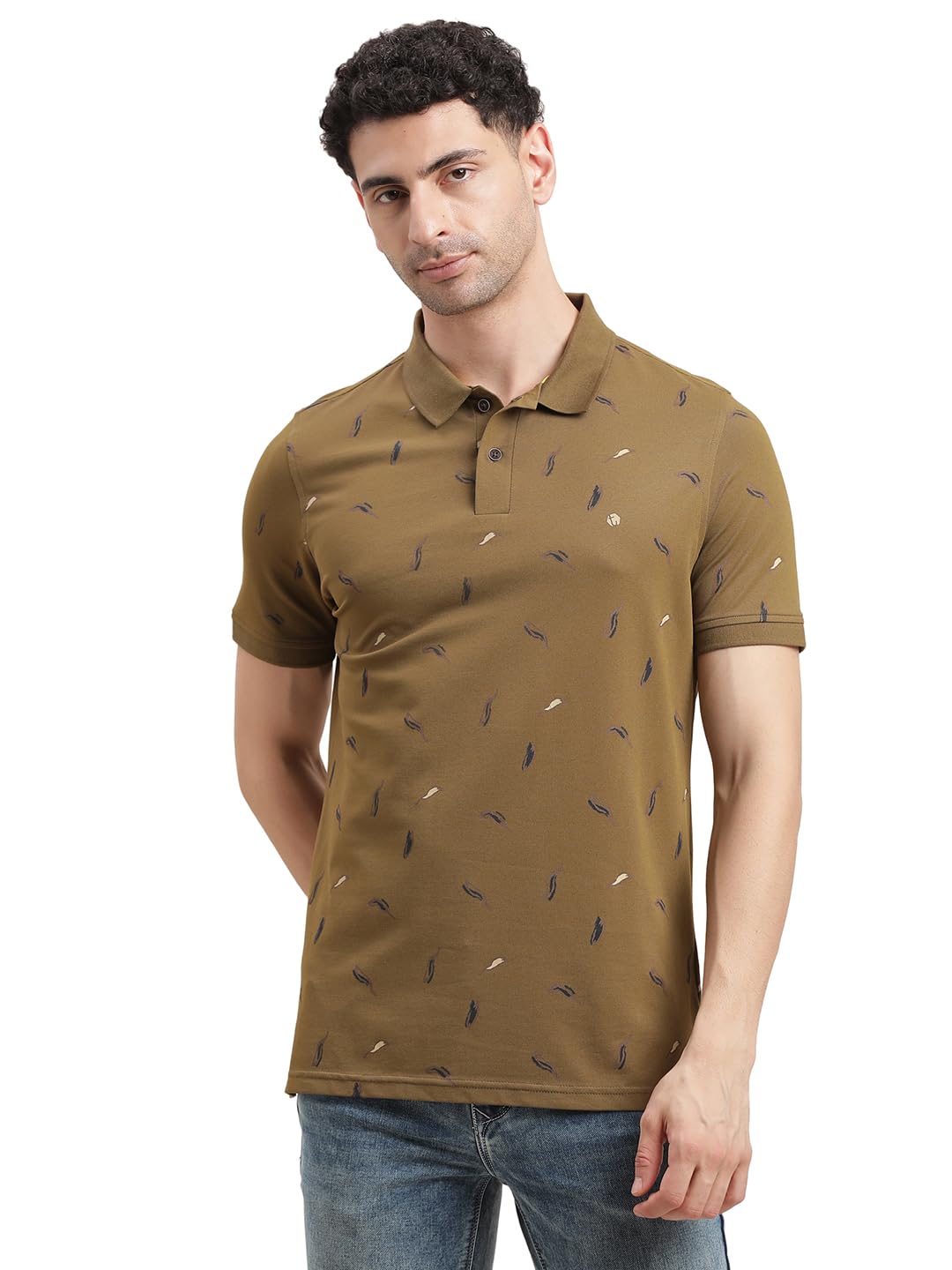 Turtle Men Slim Fit Printed Brown Polycotton Stretch Polo Tshirt