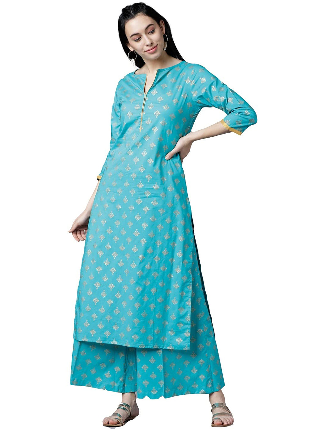 ANNI DESIGNER Womens Cotton Gold-Toned Printed Kurti with Palazzos (DEVIKA-Blue_M)