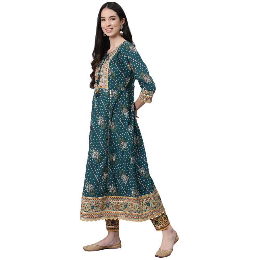 Anubhutee WomenS Cotton Teal Gota Patti Ethnic Motifs Printed Anarkali Kurta Suit Set With Trousers And Dupatta
