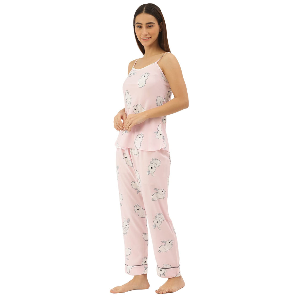 Sweet Dreams Women Printed Rayon 3 Piece Pyjama Set Pink