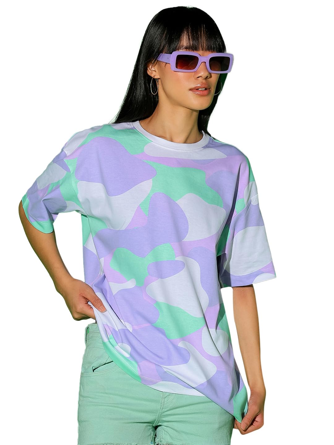 Bewakoof Womens All Over Camouflage Printed Oversized Fit Half Sleeve Round Neck Pure Cotton Plus Size T-Shirt_637448_White_3XL