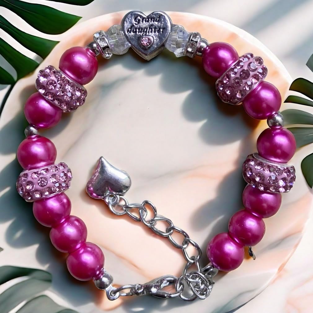 DOLON Dark Pink Glass Pearl Color Rhinestone Granddaugther Charm Bracelet Jewelry Wedding Bridal Birthday Christmas