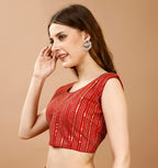 Pujia Mills WomenS Sequin Embroidered U Neck Sleeveless Readymade Saree Blouse Indian Ethnic Designer Stitched WomenS Red Blou