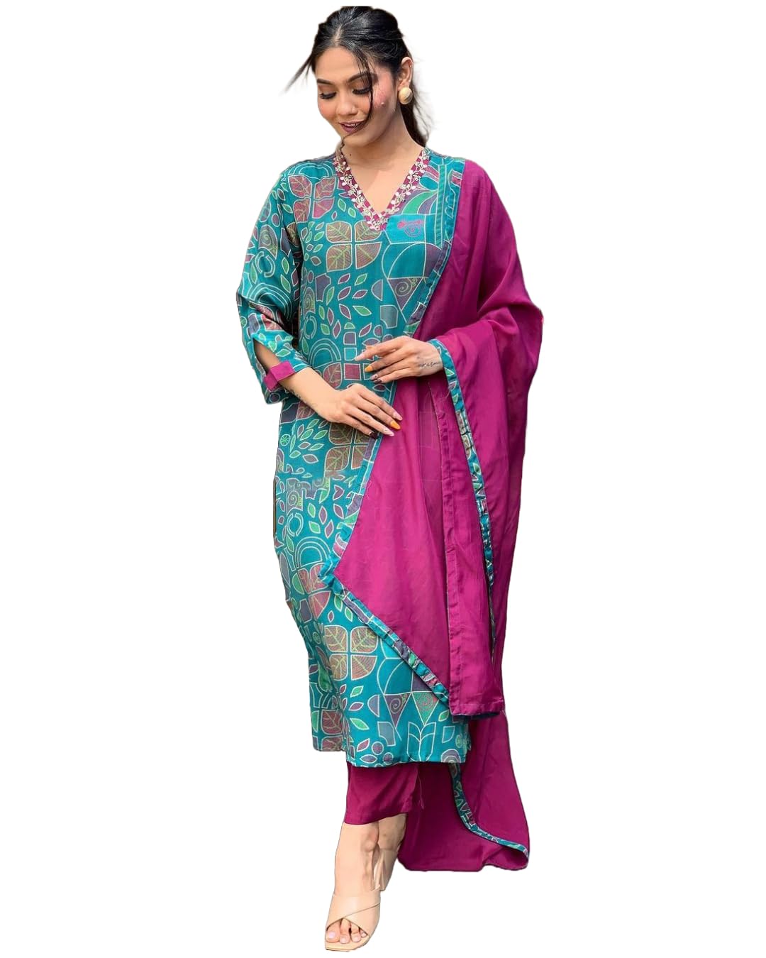 ANNI DESIGNER Womens Cotton Blend Straight Printed Kurta with Pant & Dupatta (Down-RAMA-Green_M_Green_Medium)