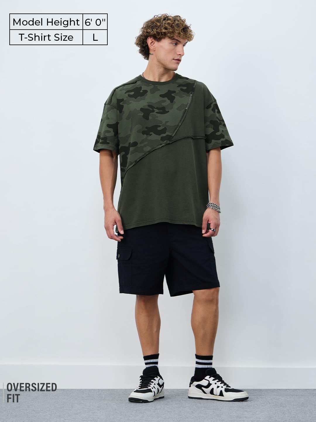 The Souled Store Panel Detail: Forest Camo Men and Boys Short Sleeves Round Neck Green Printed Cotton Oversized T-Shirts