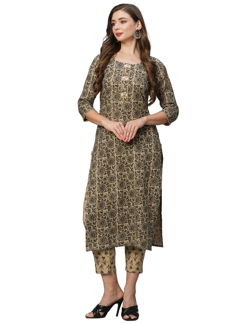 ANNI DESIGNER Womens Cotton Blend Straight Printed Kurta with Pant Set (Bhati-Beige_XL_Beige_X-Large)