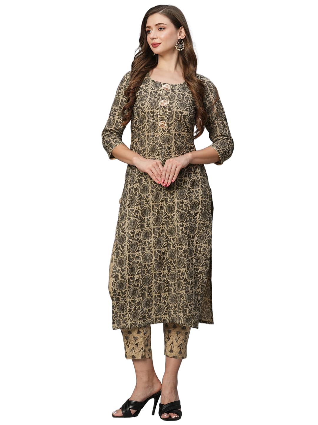ANNI DESIGNER Womens Cotton Blend Straight Printed Kurta with Pant Set (Bhati-Beige_XL_Beige_X-Large)