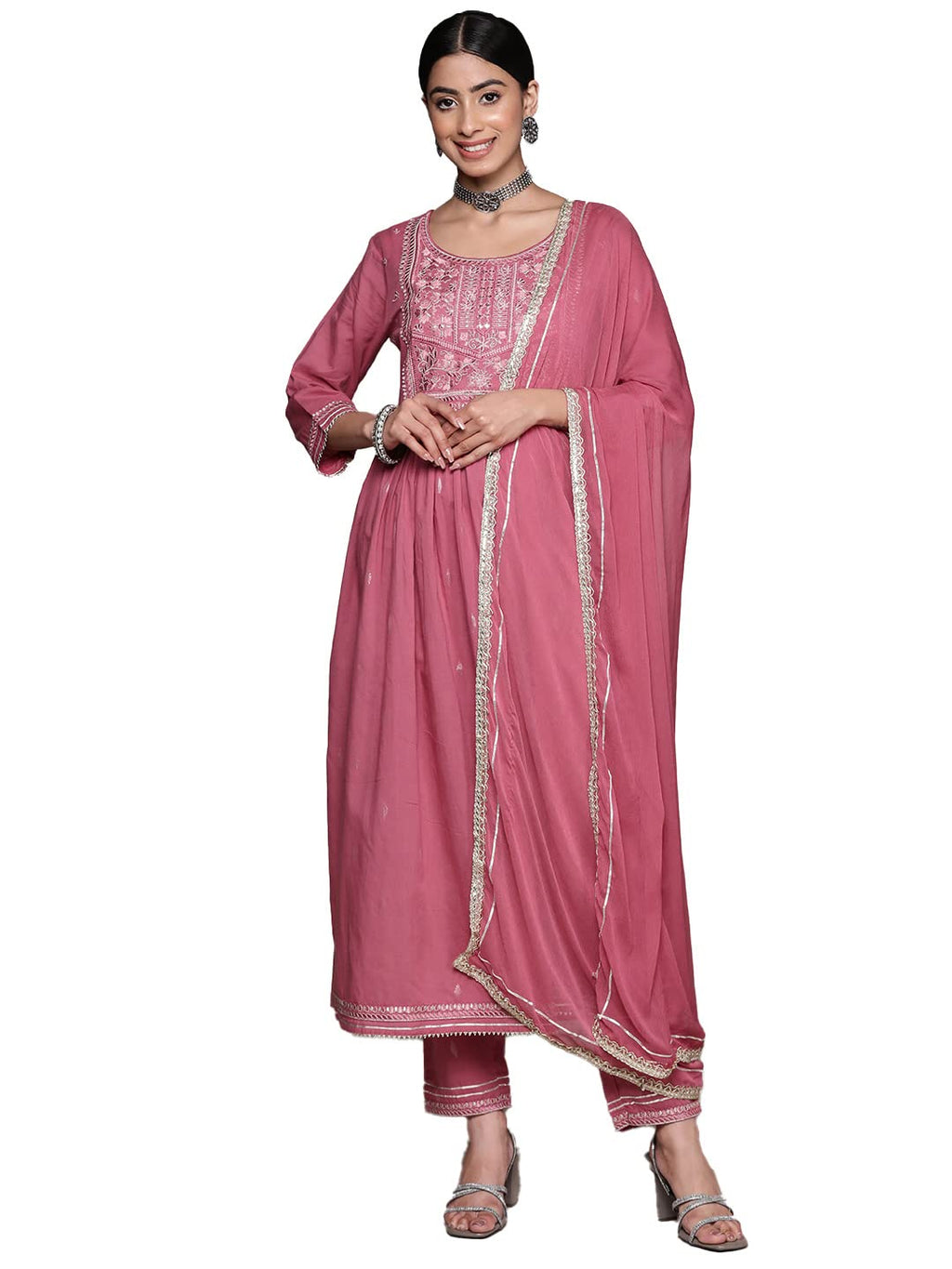 Ishin Women'S Muave Floral Yoke Design Flared Kurta Set With Pants & With Dupatta