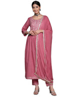 Ishin Women'S Muave Floral Yoke Design Flared Kurta Set With Pants & With Dupatta