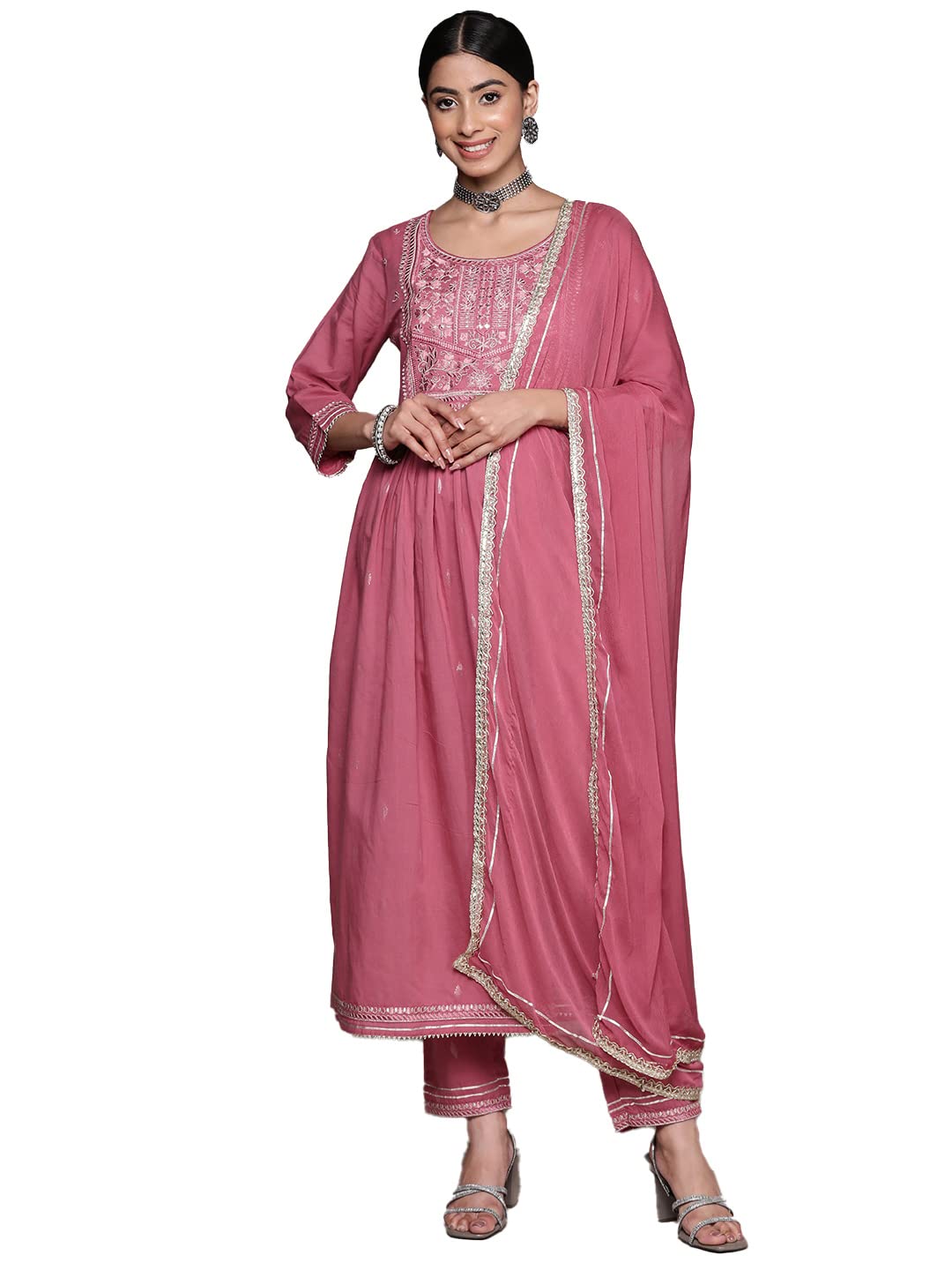 Ishin Women'S Muave Floral Yoke Design Flared Kurta Set With Pants & With Dupatta