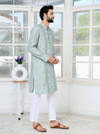 See Designs Mens Full Sleeve Mandarin Collar Grey Mirror Worked and Sequin Embroidered Straight Long Kurta - Festive Collection