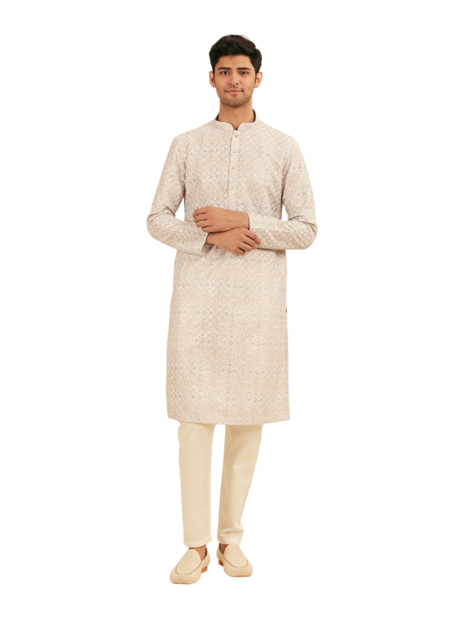 Manyavar Mens Art Silk Floral Printed & Chikan Embroidered Kurta Set (Light Grey,XXL)