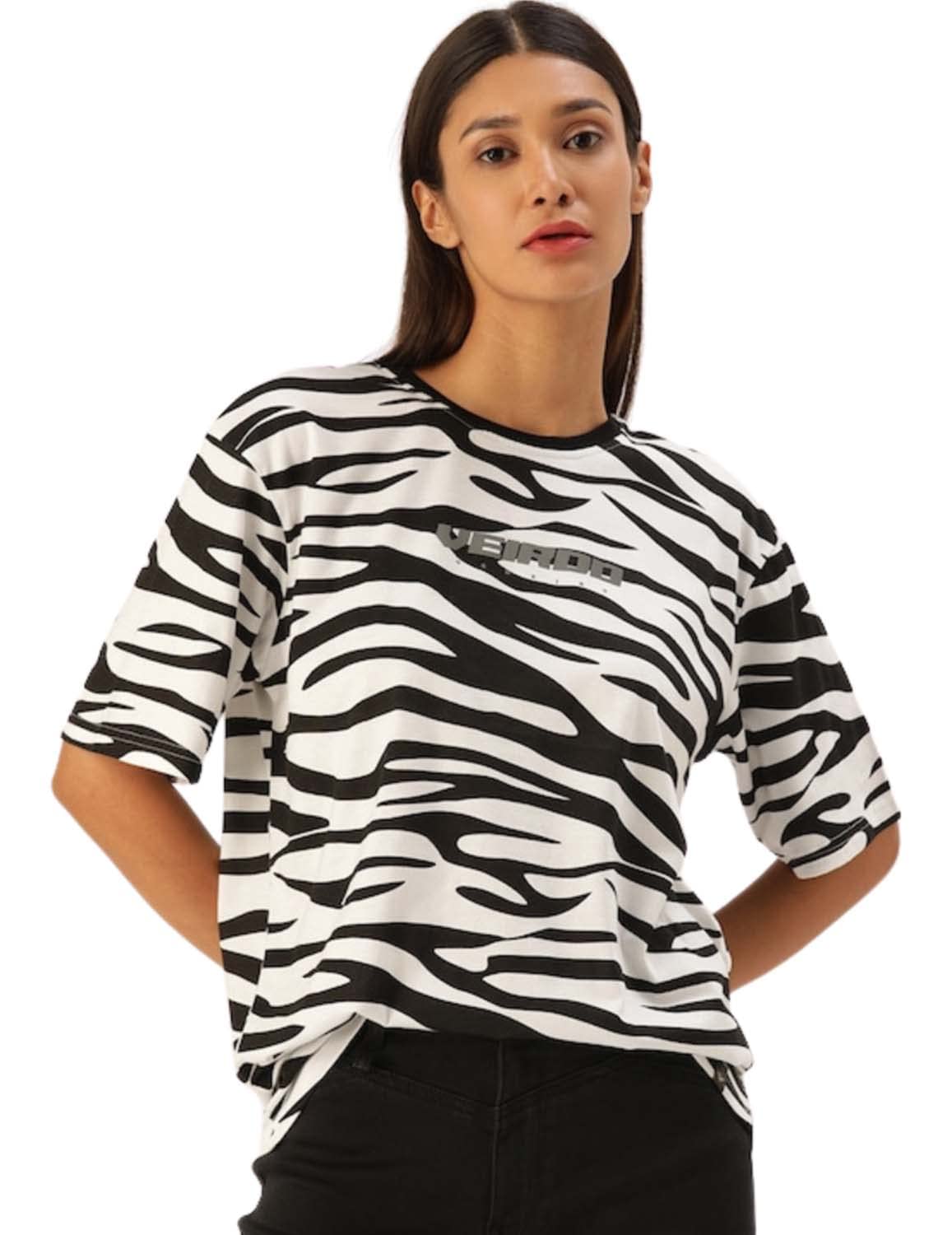 Veirdo Women's Cotton Oversize Loose Baggy Fit Drop Shoulder Round Neck Short Sleeve Zebra Animal Printed T-Shirt