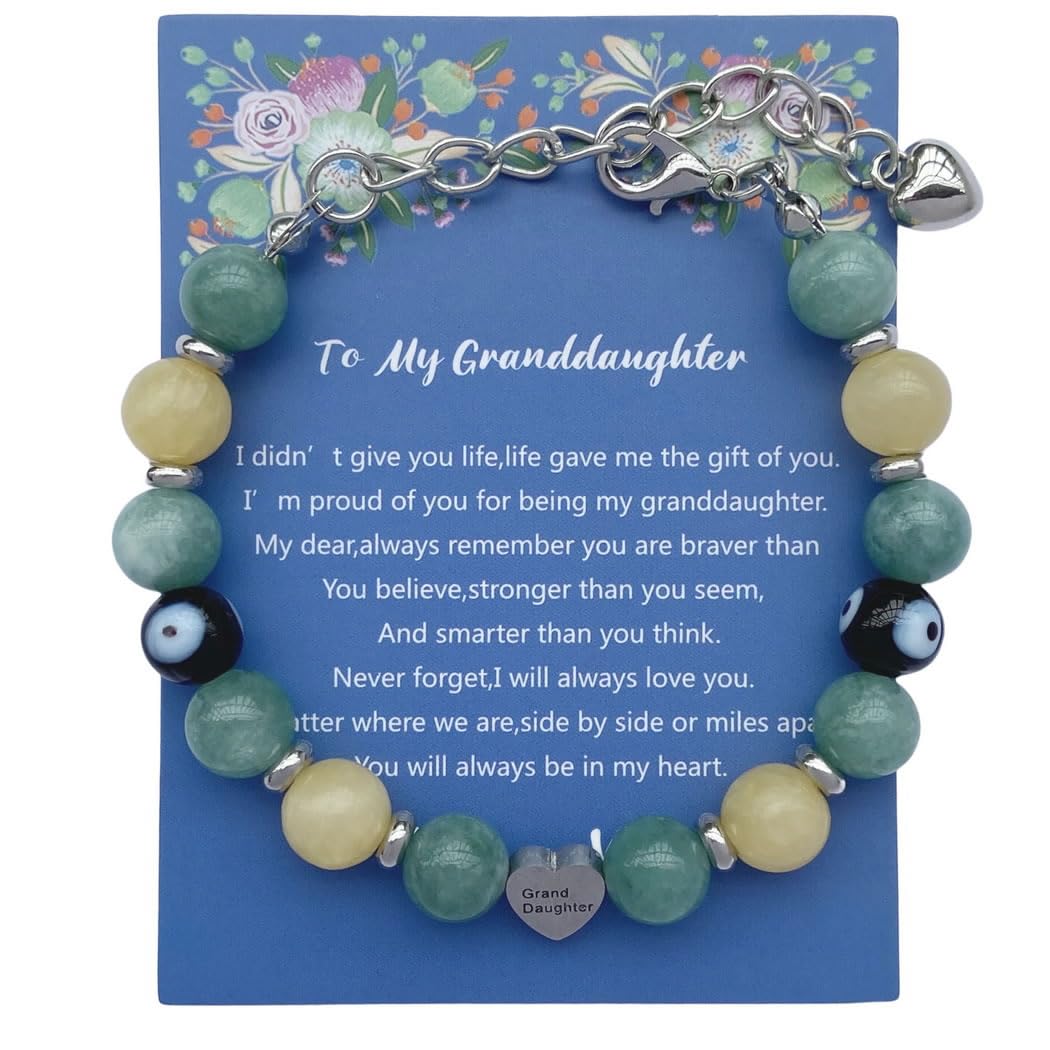 DOLON Handmade Beaded Stainless Steel Heart Granddaughter Charm Evil Eye Lucky Bracelet Birthday Christmas Holiday Gift