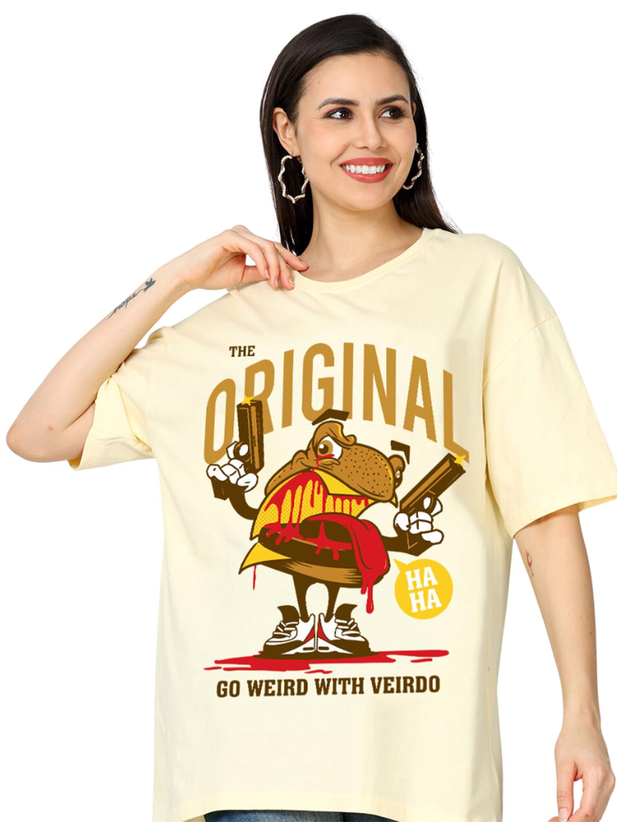 Veirdo Women's Oversized Fit Cotton Typographic Printed Short Sleeve T-Shirt