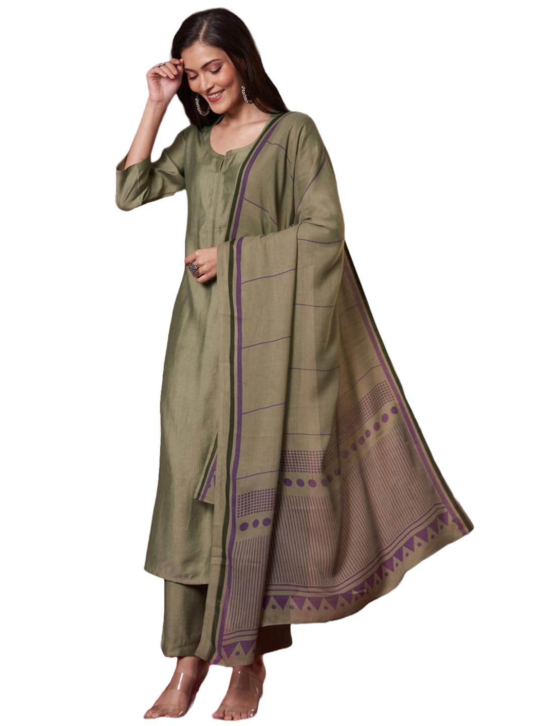 ANNI DESIGNER Women s Plain Viscose Straight Kurta with Trousers and Dupatta, Green, Medium