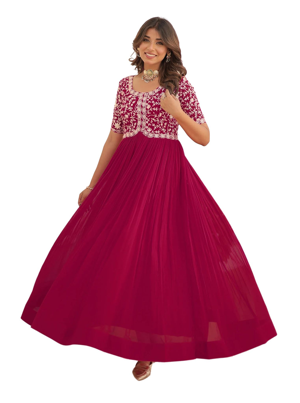 Wedani Georgette Embroidered Long Gown for Women Pink