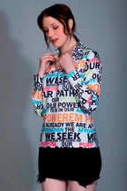 OM SAI LATEST CREATION Girls/Womens Western Top with Collar Neck Typographic Printed & Full Regular Cuff Sleeves||Casual Wear|