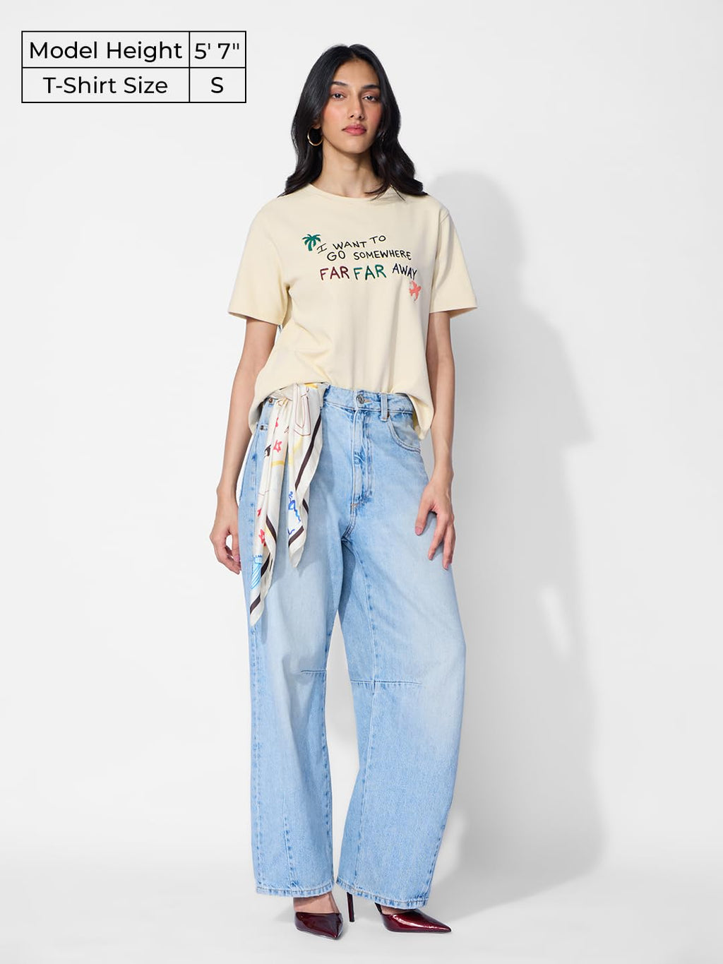 The Souled Store Textured T-Shirt: Far Away Women and Girls Short Sleeves Round Neck Off White Embroidered Cotton Blend Relaxed