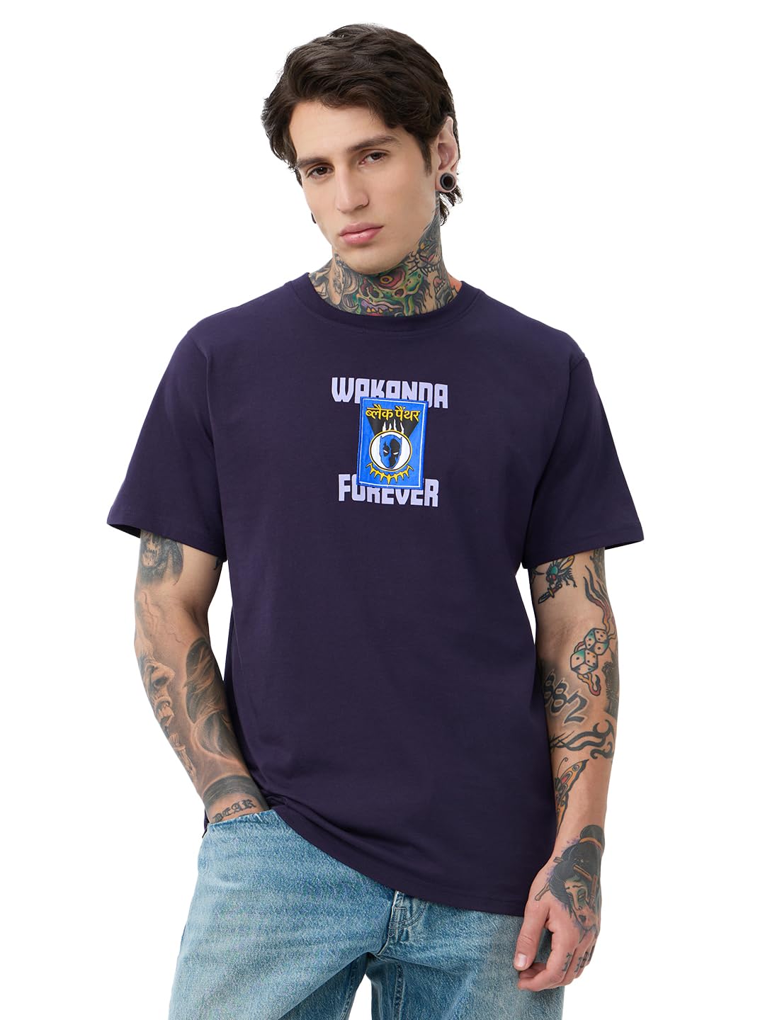 The Souled Store Black Panther: Wakanda Forever Men and Boys Short Sleeves Round Neck Purple Graphic Printed Regular Fit Cotton 