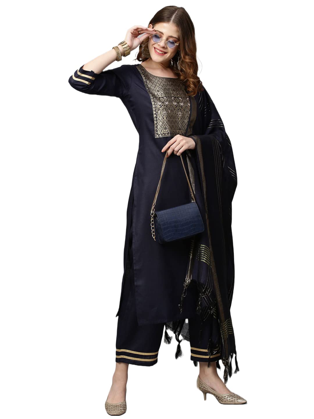 Gosriki Women'S Cotton Blend Solid Straight Kurta With Palazzos & With Dupatta (Wukis Blue_S-Gs_Blue_Small)