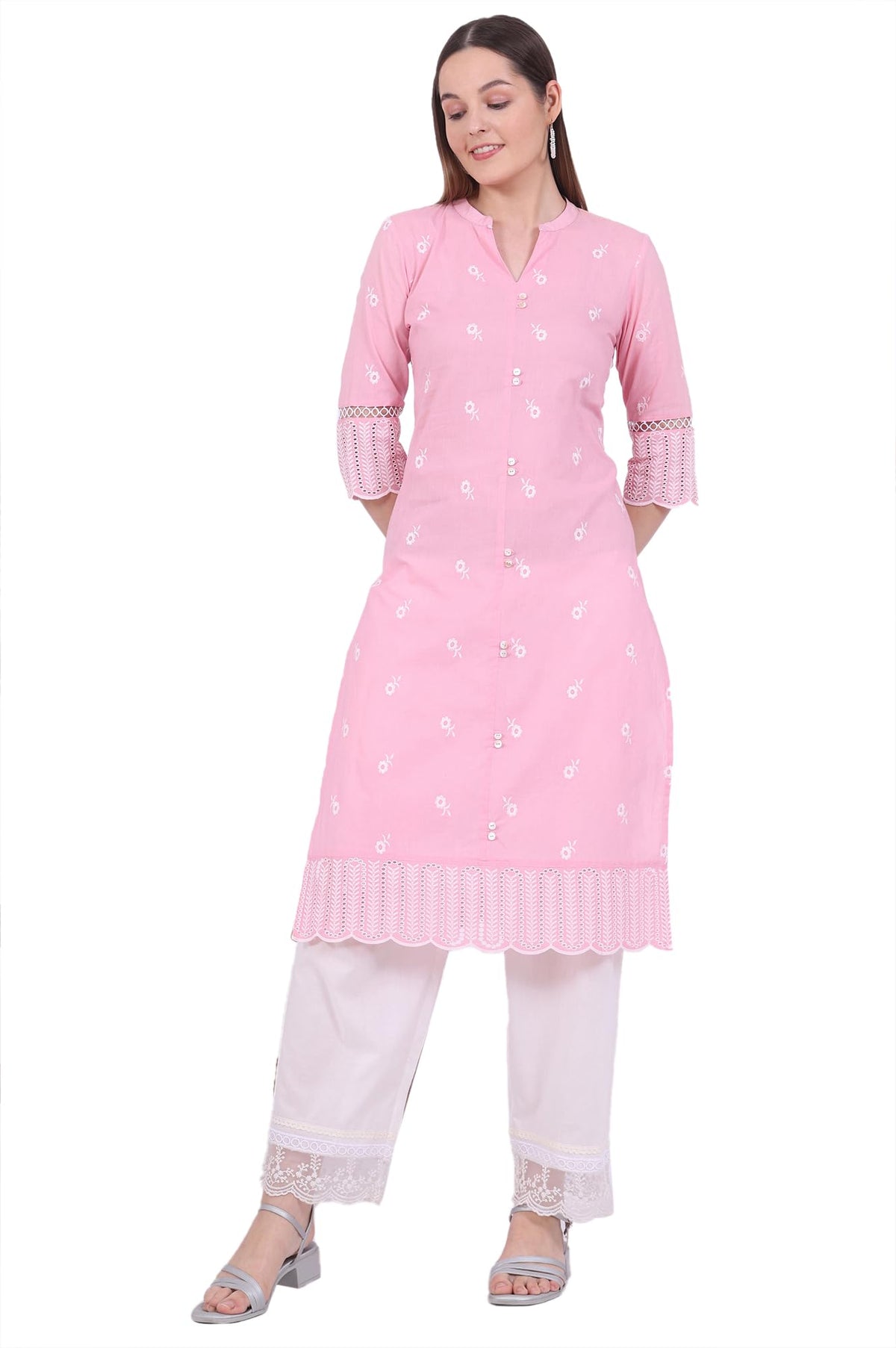 Aurelia WomenS Pink Embroidered Pure Cotton Straight Kurta (Size: Xl)-A15828-E608306
