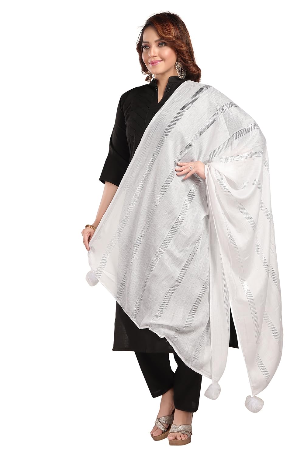 Fabme Womens Shimmer Embellished Soft Cotton Dupatta - White