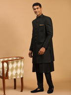 VASTRAMAY Mens Black Viscose Sherwani Set