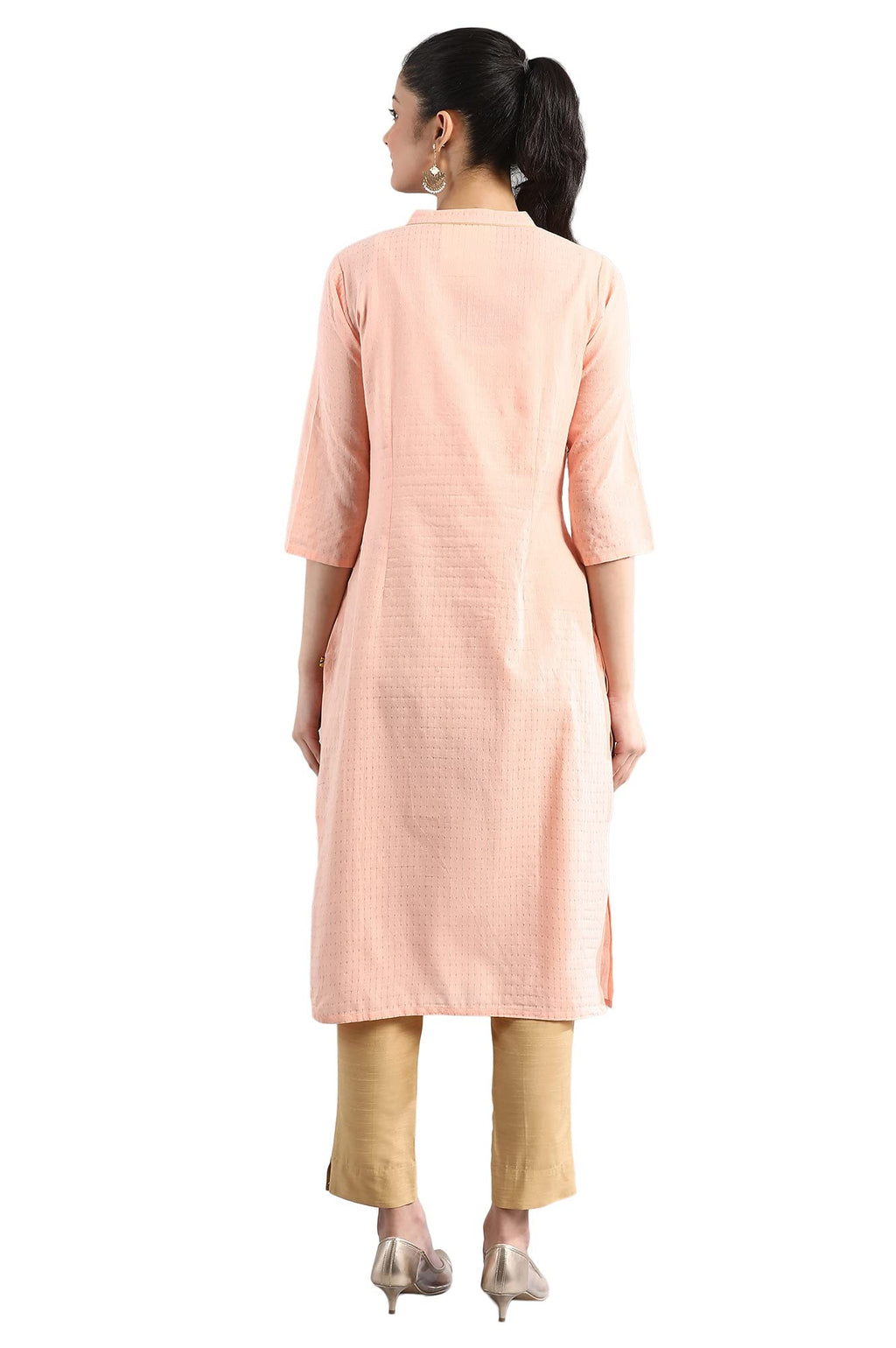 Aurelia Women'S Cotton Pink Geometric Band Collar Straight Kurta